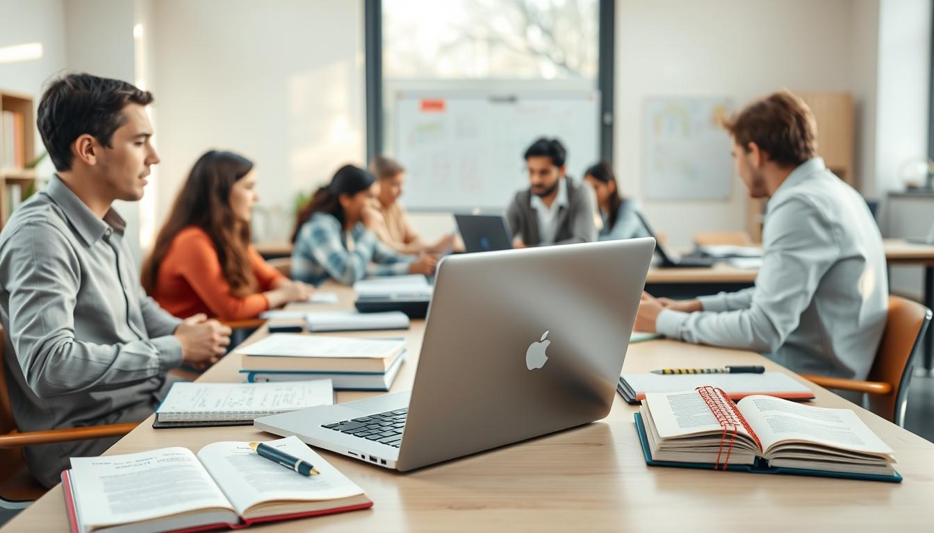 Students studying together in modern classroom